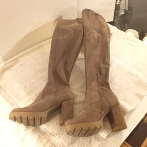 Wild Diva Women Stretchy Thigh High Suede Chunky Heel Drawstring Boots Sz 5.5